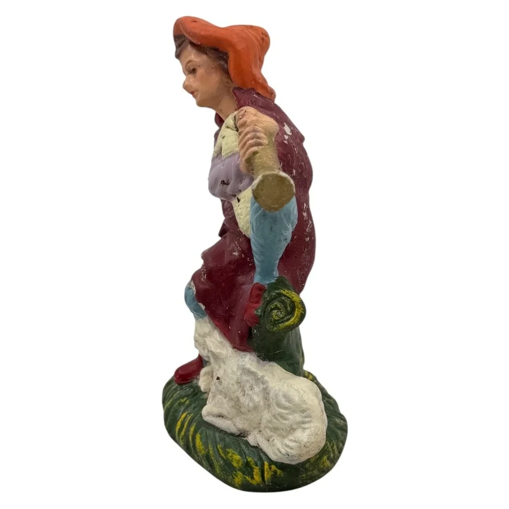 Vintage Nativity Shepherd Figurine‎ Playing Horn with Sheep Hand-Painted